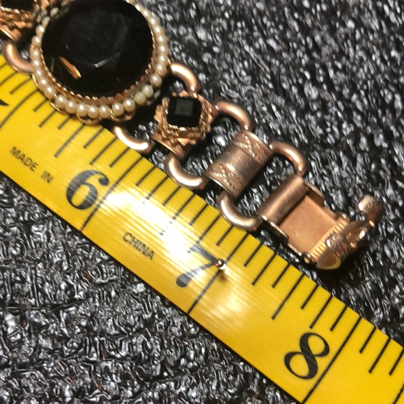 Vintage Jet Black Art Glass Rhinestone and Faux Pearl Bracelet - Picture 7 of 13